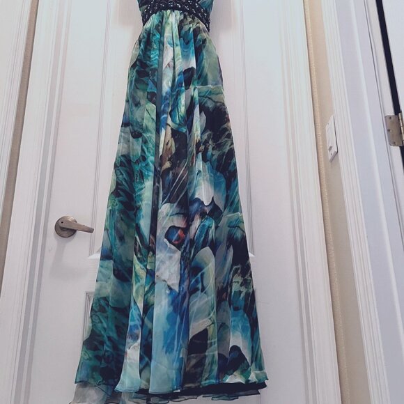 La Famme Long Maxi Multi Color Tropical Sz 0-Strapless Beaded Floral Waist Dress - Picture 4 of 15